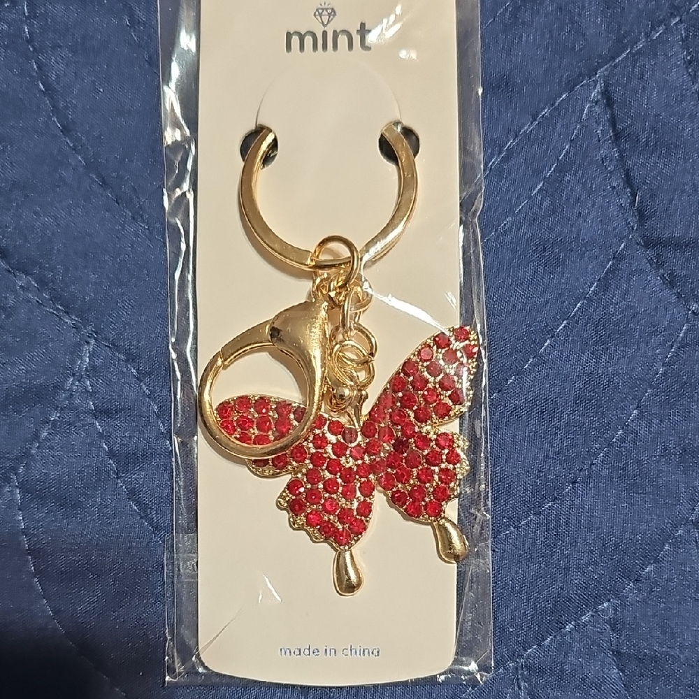 Mint Red and Gold Butterfly Keychain Bag Charm New